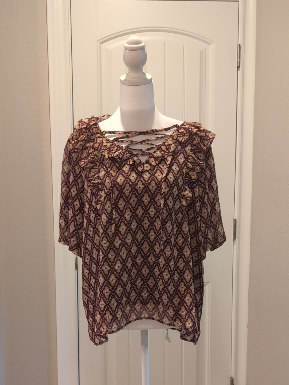 LOFT Brown Printed Ruffle Neck Lace-Up Blouse